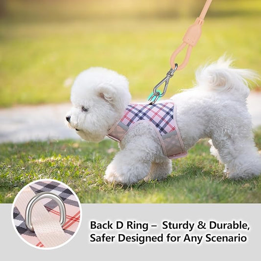 Dog Harness for Small Sized Dog,Hook-and-Loop Easy On/Off, Reflective Adjustable Soft Mesh Vest for Puppy (Checkered Beige,L)