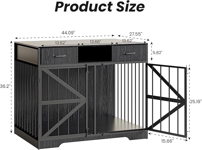 44" Large Dog Crate Furniture Set of 2, Wooden Heavy Duty Dog Kennel TV Stand with Storage Drawers, Decorative Indoor Pet Crate for Medium & Large Dogs, Black