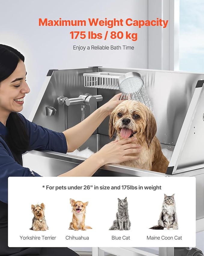 VEVOR 34 Inch Stainless Steel Dog Washing Station, Pet Grooming Tub with Hot & Cold Faucet, Showerhead, Storage Rack, No-Bend All-in-One Bathtub, Home Wash Sink, Fits Small Cats and Dogs