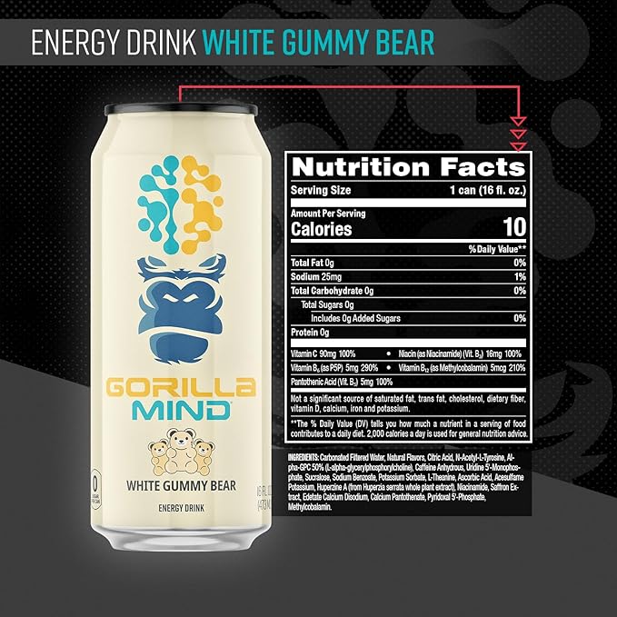 Gorilla Mind Energy Drink | Unmatched Energy · Amplified Focus | N-Acetyl-L-Tyrosine, Alpha-GPC, 200mg Caffeine, Uridine, Saffron | 0 Sugar Or Artificial Colors | 16oz, 12-Pack (White Gummy Bear)