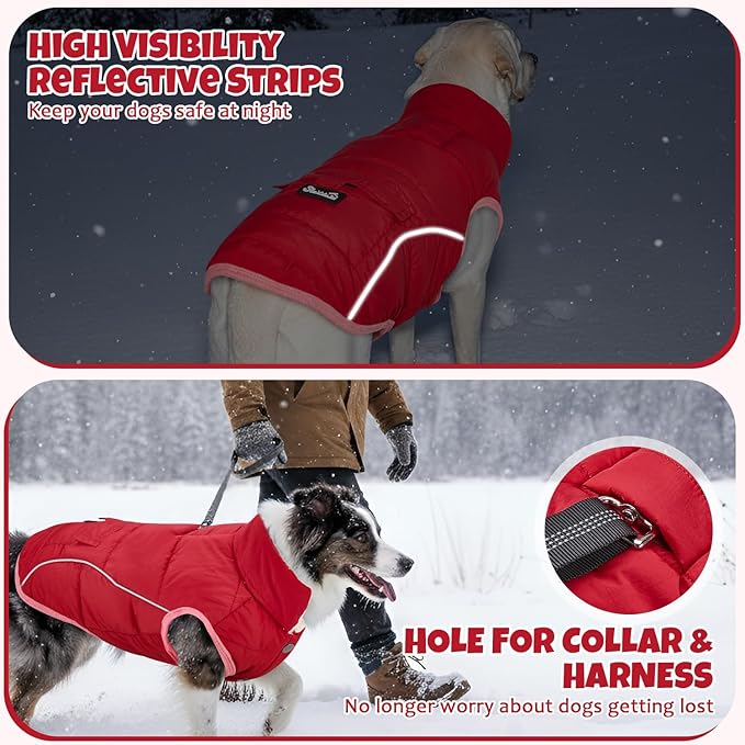 SlowTon Dog Coat - Warm Dog Winter Coat Waterproof, Reflective Winter Jacket with Pocket, Puppy Fleece Vest Pet Apparel Cold Weather Clothes for Small Medium Large Dogs Boy Girl (Red, S)