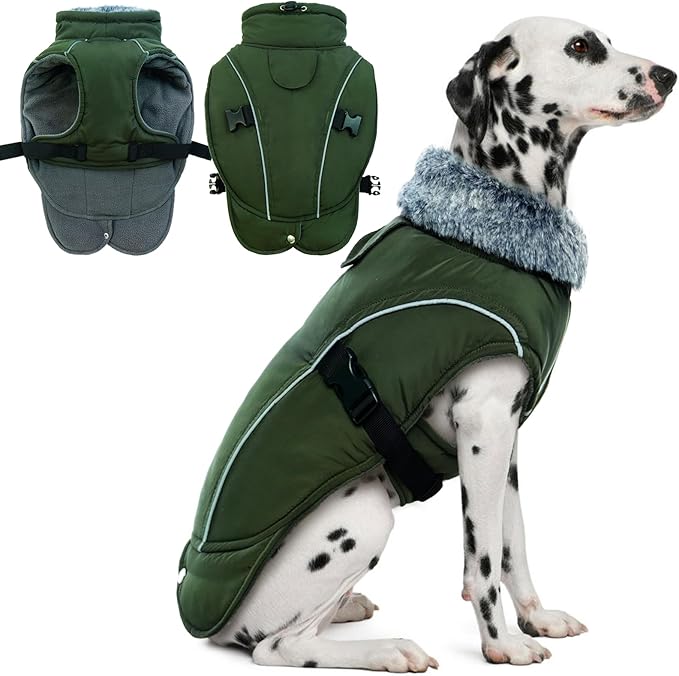 DENTRUN Winter Warm Dog Coat Reflective Jacket with Turtleneck for Cold Weather, Adjustable Buckle Windproof Water Repellent, Thick Snowsuit Fleece Vest for Small, Medium, Large Dogs, Green, XXXL