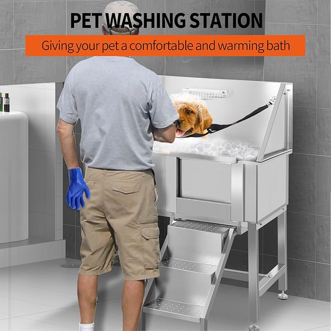 38" Stainless Steel Dog Washing Stations for Large Dogs, Pet Grooming Tub for Home, Professional Pet Bathtub Bathing Station, Pet Wash Station, Dog Shower Tub with Stairs, Drain & Door,R-Door