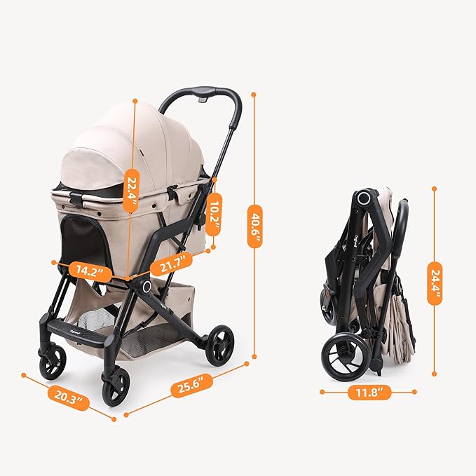 Dog Cat Strollers, Suitable for Dogs and Cats Weighing No More Than 66 Pounds, Foldable 4 Wheels Pet Stroller, Travel Small Dog Pet Stroller with 4 Wheels (Beige)