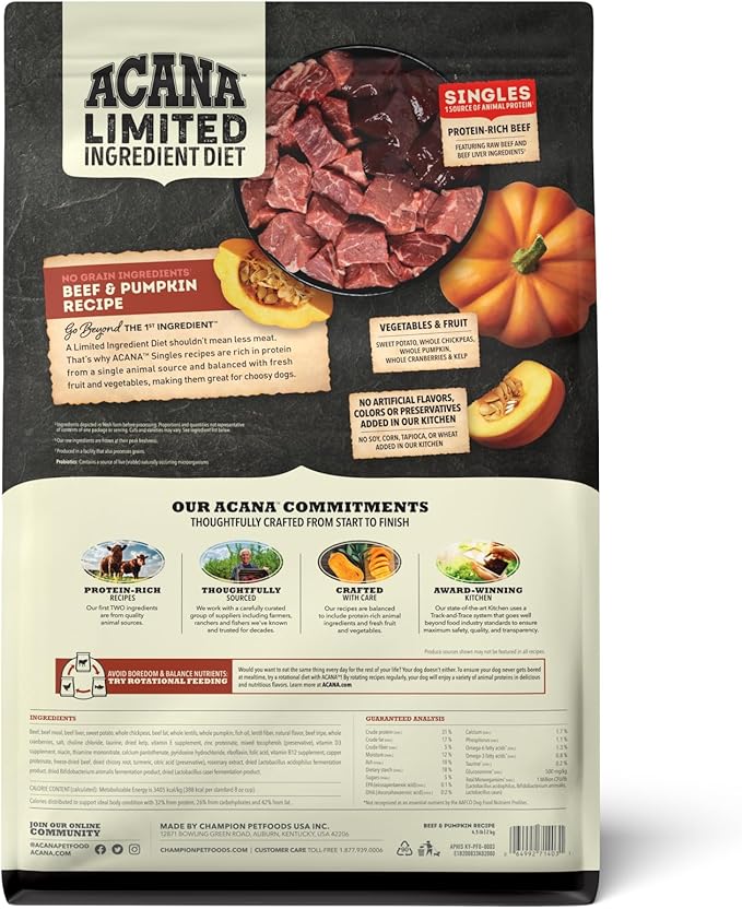 ACANA Singles Limited Ingredient Grain Free High Protein Dry Dog Food Beef & Pumpkin Recipe 4.5lb Bag