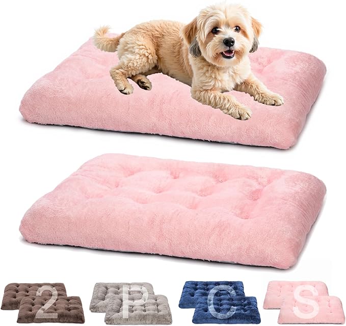POMIU 2-Pack Washable Dog Bed, Deluxe Plush Crate Beds with Anti-Slip, Machine Washable Kennel Pad Sleeping Mat for Large, Medium and Small Dogs (2 Pack x Pink, 23.0" L x 18.0" W x 3.0" Th)