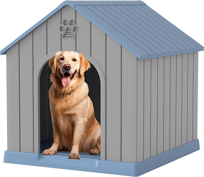 Large Dog House Outdoor Indoor for Medium Large Dogs, Sturdy Plastic Waterproof Doghouse with Air Vents and Elevated Floor, Easy Clean and Assemble (Light Blue, 36.2''L×38''W×38''H)