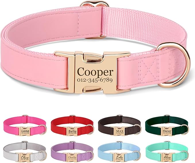 PET ARTIST Personalized Dog Collars, Custom Engraved Pink Dog Collar with Silent Name Tag, Gold Quick Released Buckle & Soft Nylon Padded, Elegant Colors & Matching Leash for Large Dogs,L Fit 16-27"