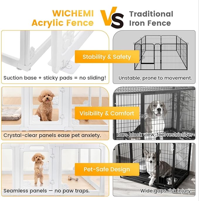 WICHEMI Portable Dog Playpen with Double Door Lock, 23.6" H Puppy Play Pen for Indoors, Portable Playpen with Suction Cup for Puppy Cat Rabbit Ferret, 12 Panels White