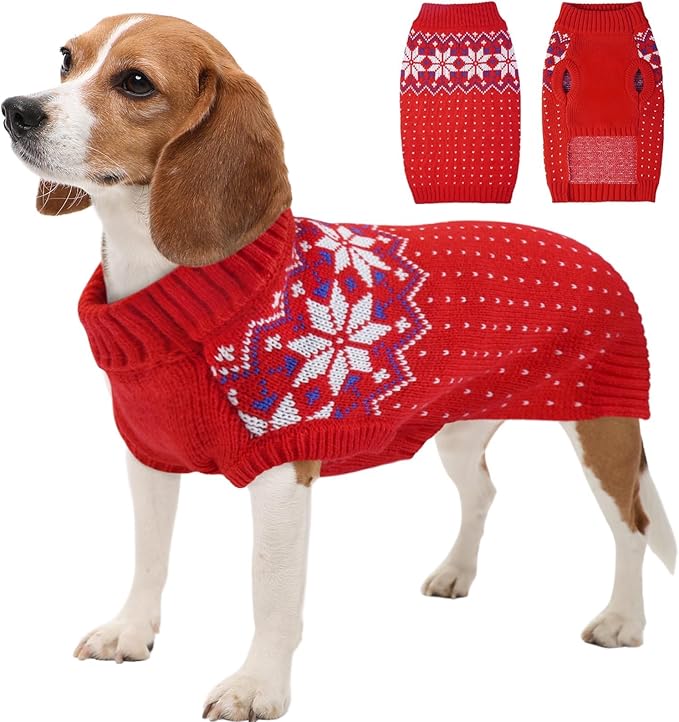 Kuoser Dog Christmas Sweater, Soft Warm Xmas Sweaters for Small Medium Large Dogs Boy Girl, Comfortable Dog Sweater with Leash Hole Snowflake Puppy Knit Outfit for Holiday Winter Fall, Red M