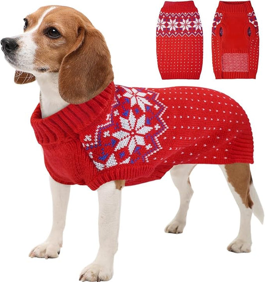 Kuoser Dog Christmas Sweater, Soft Warm Xmas Sweaters for Small Medium Large Dogs Boy Girl, Comfortable Dog Sweater with Leash Hole Snowflake Puppy Knit Outfit for Holiday Winter Fall, Red L