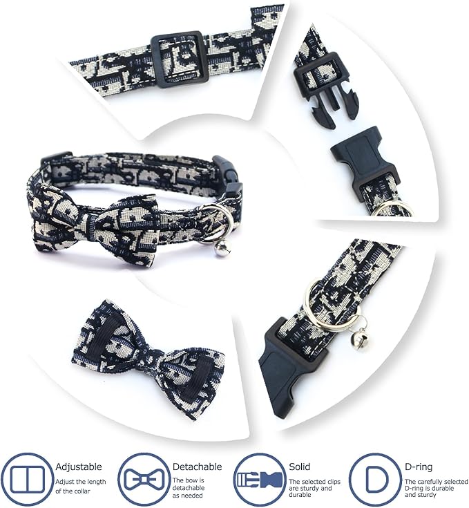 Bowtie Collars for Big Dogs, Elegant Puppy Collars with Leash Set, Dog Collars with Bowtie Adjustable 15.7"-20.9", Black, L