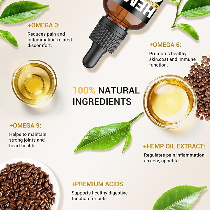 4 Pack Hemp Oil for Dogs & Cats, Hemp Oil Helps with Anxiety Stress, Pain, Sleep, Arthritis, Seizures Relief, Calming Drops for Pet, Hemp Seed Oil, CBD-Free