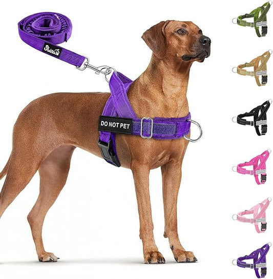 SlowTon No Pull Dog Harness - Heavy Duty Dog Harness and Leash Set for Medium Large Dogs, Reflective Tactical Harness with Soft Padded and Front Clip for Easy Walk and Training (PU, XL)