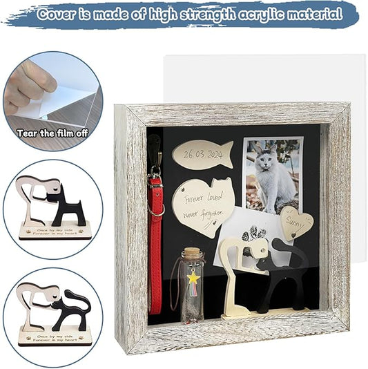 Cat Memorial Shadow Box Gift Pet Memory Display Case Wooden Picture Frame Pet Paw Ink Kit Glass Fur Jar Pets Keepsake Holder for Passed Away Dogs Cats idea Gifts for Pet Lover (White Cat Frame)
