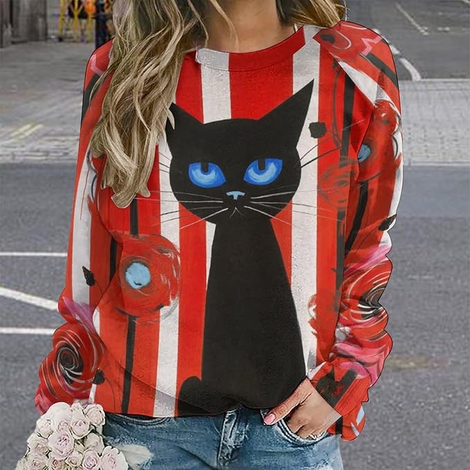 Biacolum Long Sleeve Shirts for Women Mid Century Retro Style Atomic Cat 3D Graphic Sweatshirts Fall Crewneck Pullover Top