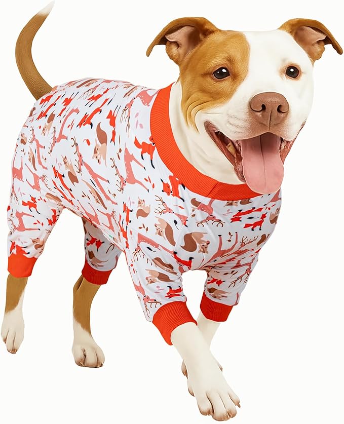 LovinPet Big Dog Clothes for Large Dogs Girls, Onesies for Dogs,Lightweight Stretchy Fabric,Critters Cream Print Dog Jumpsuit,Uv Protection Shirt, Pajamas for Pitbulls, Pitbull Shirt,3XL