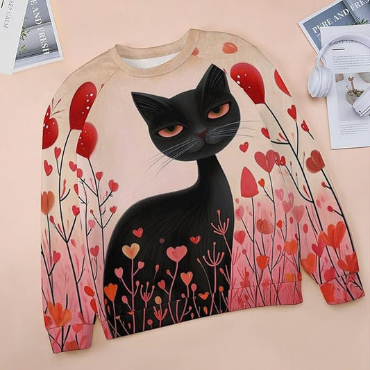 Biacolum Long Sleeve Shirts for Women Mid Century Retro Style Atomic Cat 3D Graphic Sweatshirts Fall Crewneck Pullover Top