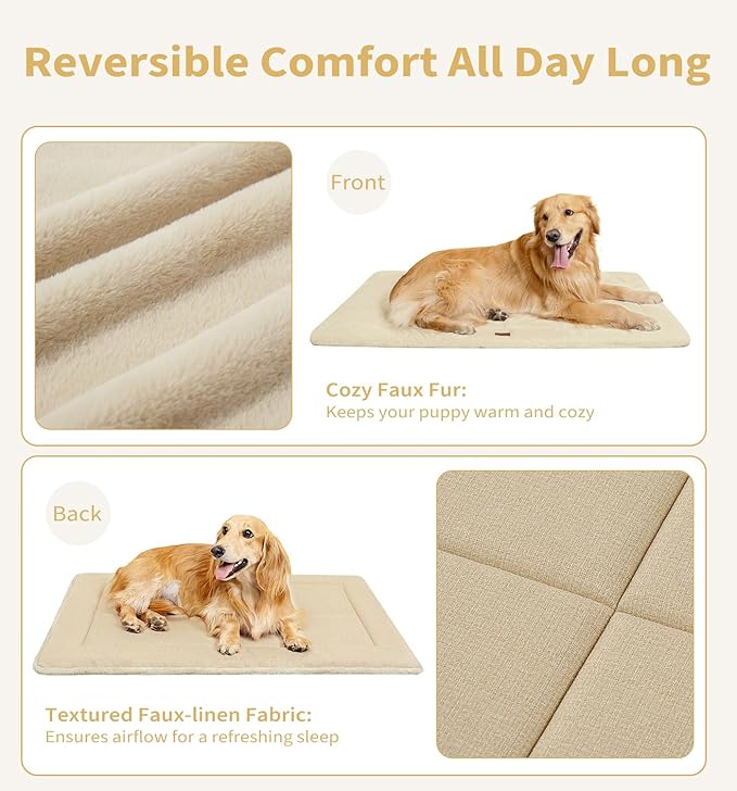 Made4Pets Dog Crate Pad Bed for Medium Dogs, Washable & Reversible, Anti-Slip Kennel Mat for Cozy Sleeping, Soft Fluffy Dog Bed for Indoor & Outdoor Use, 29"x21", Beige