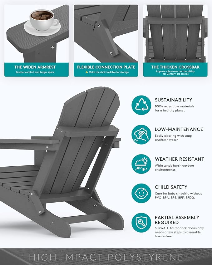SERWALL Adirondack Chair Set of 2 for Patio Garden Outdoors Fire Pit- (Folding Gray)