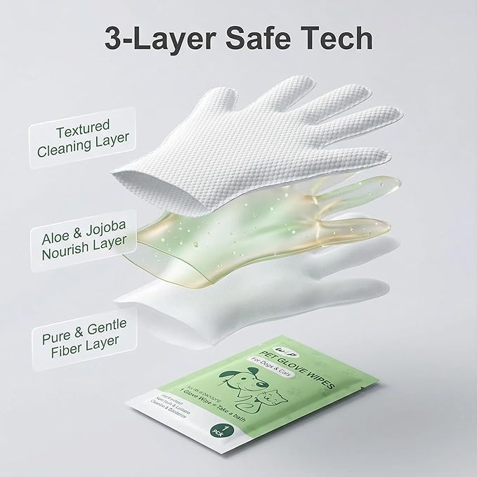 WLP Pet Glove Wipes for Dogs & Cats, Individually Wrapped Cleaning Deodorizing Hypoallergenic Hydrating Grooming Wipes, Enriched with Aloe & Jojoba Oil for Daily Care, Traveling (24 PCS)