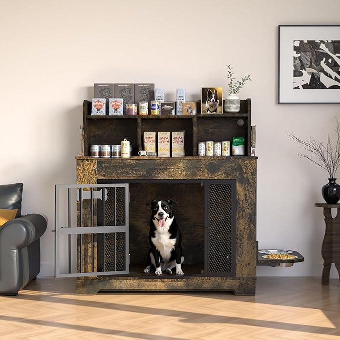 Petrova Dog Crate Furniture, 34inch Wooden Dog Kennel Indoor for Small Dogs, Heavy Duty Dog Cage with 2 Stainless Steel Food Bowls, Led Light, 4 Hooks, Hidden Decorative Pet Cage