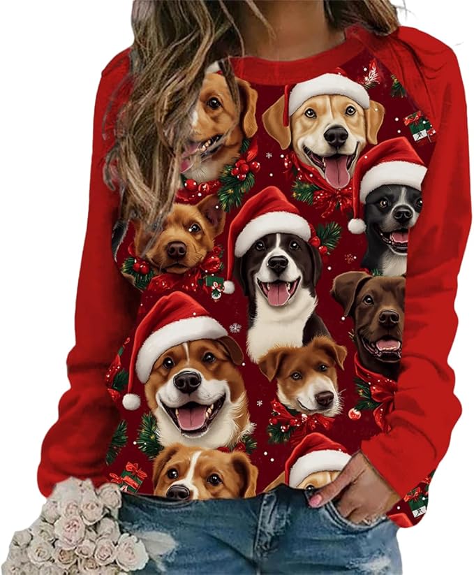 Womens Ugly Christmas Sweatshirt Funny Cat Dog Printed Xmas Pullover Shirts Crewneck Long Sleeve Graphic Hoodies