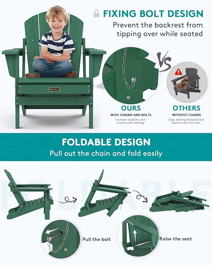 SERWALL Folding Adirondack Chair Painted Adirondack Chair Set of 6 Weather Resistant for Patio Deck Garden, Fire Pit & Lawn Furniture Porch - Green