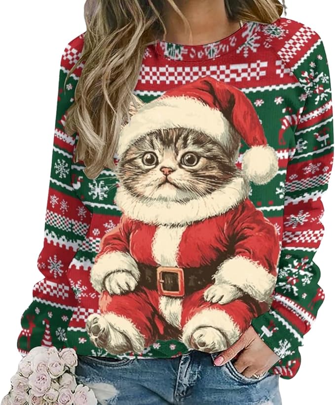 Womens Ugly Christmas Sweatshirt Funny Cat Dog Printed Xmas Pullover Shirts Crewneck Long Sleeve Graphic Hoodies
