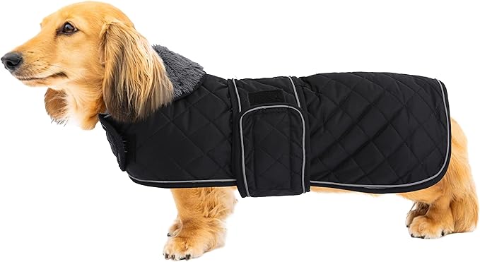 Geyecete Warm Thermal Quilted Dachshund Coat, Dog Winter Coat with Warm Fleece Lining, Outdoor Dog Apparel with Adjustable Bands for Medium, Large Dog-Black-XS