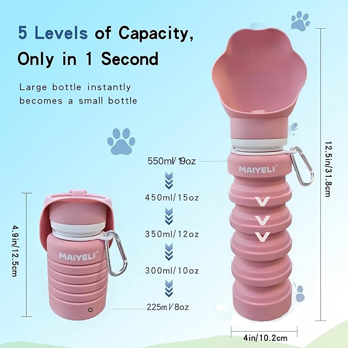 Collapsible Dog Water Bottle, Portable Pet Travel Water Dispenser with Foldable Silicone Bowl, BPA Free Food Grade, 8oz-19oz Leak-Proof Dog Drinking Bottle for Walking, Hiking, Camping (Pink)