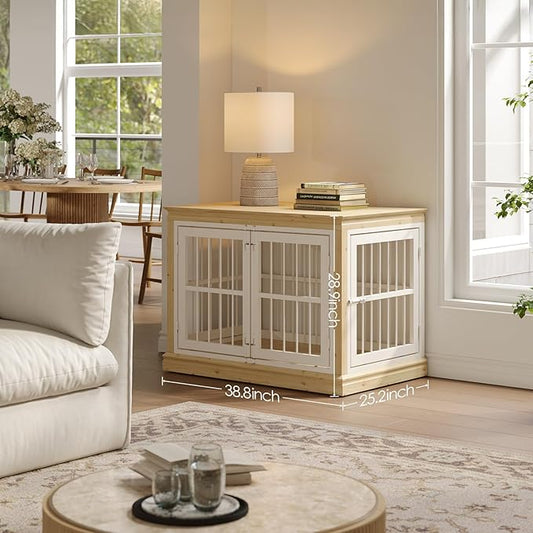 38 in Solid Wood Dog Crate Furniture for Dogs-Large Dog Crate Sideboard and TV Stand, Small, Wood Dog Kennel-(White+Natural)