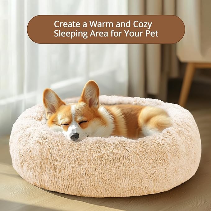 JOLLYVOGUE Small Dog & Cat Beds for Indoor Cats, Donut Cuddler Warming Soft Dog Beds with Anti-Slip Bottom, Round Calming Fluffy Plush Faux Fur Cushion Bed for Medium Dogs (27", Off White)