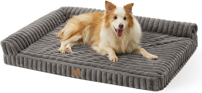 Cute Dog Bed, Faux Fur Orthopedic Foam Dog Bed with Sides, Removable Washable Cover & Waterproof Lining, Comfortable Pet Couch for Large Dogs, Grey (44" L x 32" W x 7" Th)