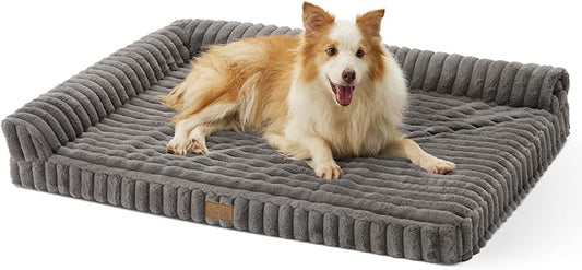 Cute Dog Bed, Faux Fur Orthopedic Foam Dog Bed with Sides, Removable Washable Cover & Waterproof Lining, Comfortable Pet Couch for Large Dogs, Grey (44" L x 32" W x 7" Th)