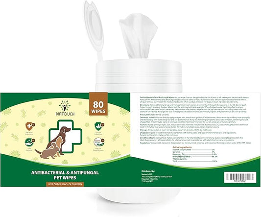 Antifungal and Antibacterial Wipes for Dogs & Cats, Dog Yeast Infection Treatment Wipes, All Natural Grooming Wipes for Cleaning, Help with Hot Spots, Ringworm, and Skin Infections, 80 Count