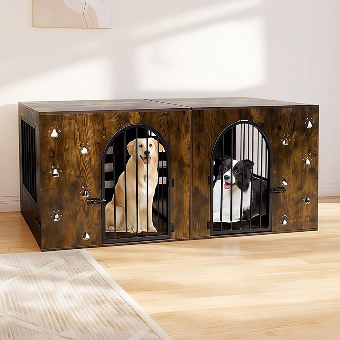 Dog Crate Furniture for 1 or 2 Dogs, Heavy Duty Single/Double Dog Kennel with Bowls, Farmhouse Wood Metal Dog Cage for Small/Medium/Large Dogs, Brown