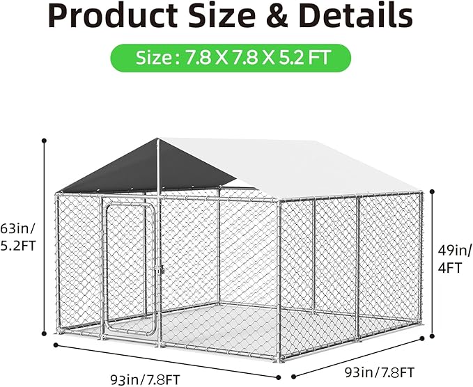 7.8x7.8FT Outdoor Dog Kennel Outside Heavy Duty Dog Enclosure with Waterproof Cover and Security Lock(93x93IN)