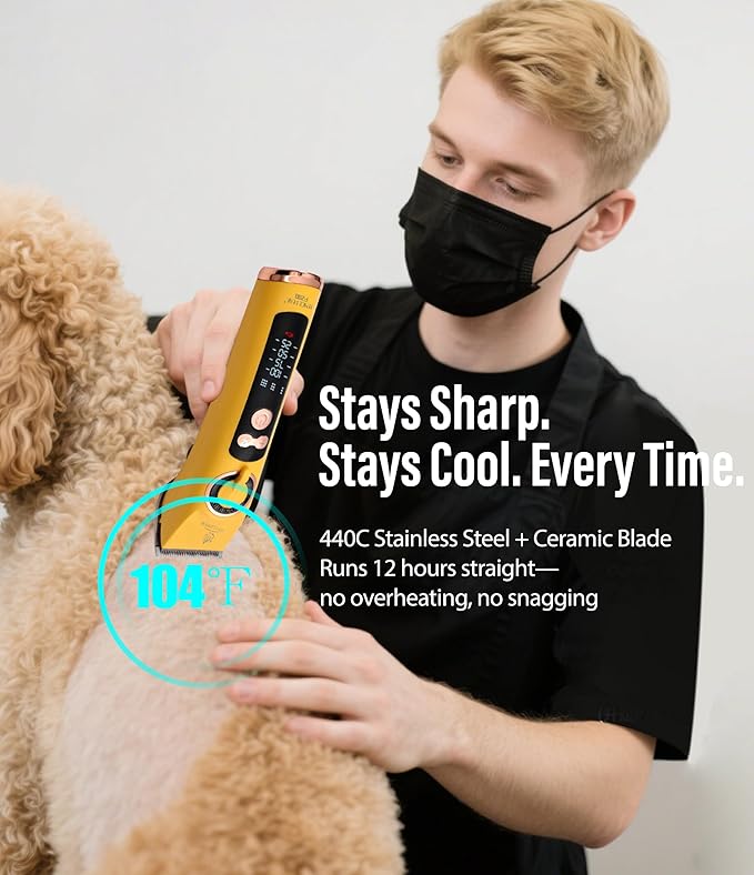 Professional Dog Grooming Clippers with 12H Runtime & Replaceable 440C Blade, 3-Speed Low Noise Electric Dog Shaver for Thick, Matted, Curly Hair, Cordless Clipper for Groomer & Home Use, Blue