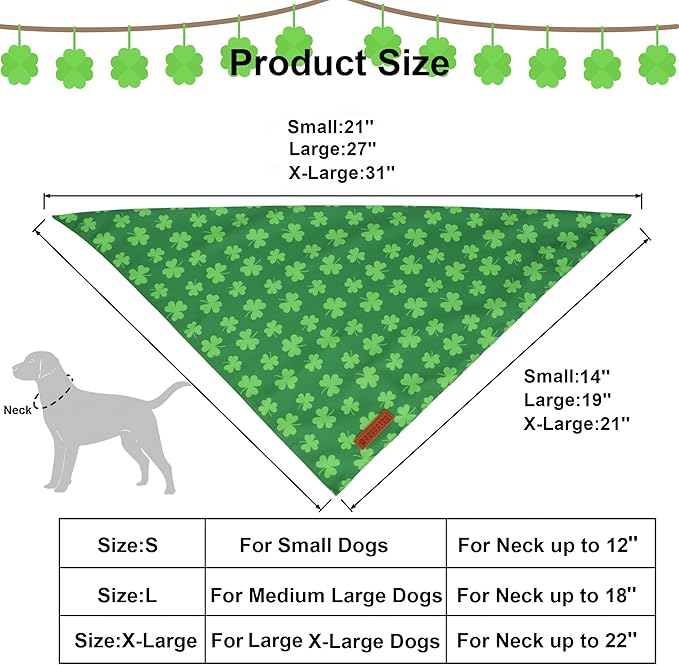ADOGGYGO St. Patrick's Day Dog Bandana, Green Shamrock Pet Scarf, Adjustable Fit Saint Patrick Bandanas for Small Dogs (Small)