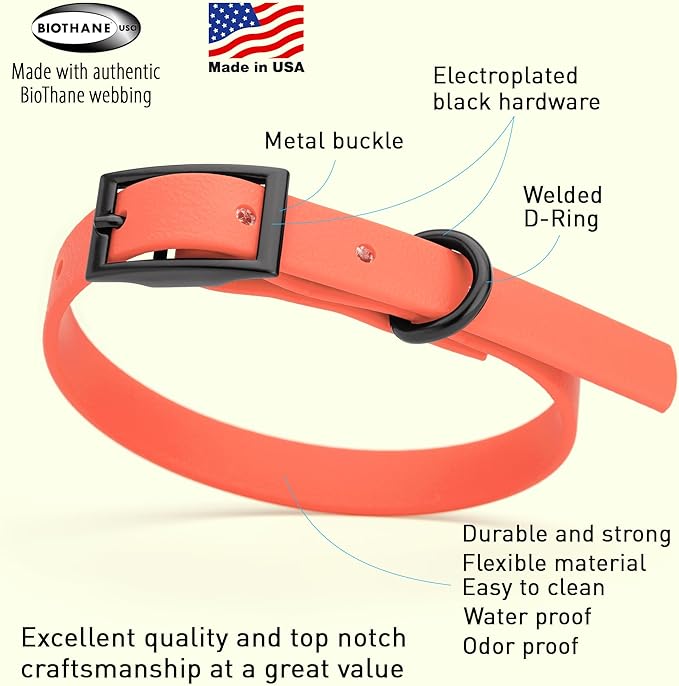 Dogline Biothane Coated Webbing Dog Collar with Black Metal Hardware: Durable Easy-Clean Everyday Collar for Dogs - Comfortable Adjustable Odor-Resistant Pet Collar, W1/2" x L9-12, Coral