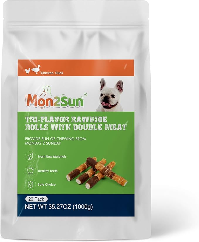 MON2SUN Dog Treats, Triple Flavor 6 Inch Chicken Liver Duck and Chicken Wrapped Rawhide Sticks, Teeth Cleaning Snacks for Medium Dogs, 35.27 oz (20 Count-Pack of 1)