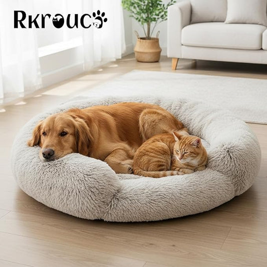 Fluffy Dog Bed Calming Donut Beds for Large Dogs Warming Round Small Medium Pet Nest Cozy Cat Mattress Indoor Washable Puppy Kennel Kittens Sleep Mat (XL, 43.3×43.3 inch, Gradient Gray)