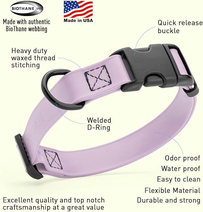 Dogline Durable Biothane Waterproof Collar for Dogs - Odor-Resistant Coated Webbing, Quick-Release Design, Comfortable Adjustable Fit, 5/8" W by 10-14" L,Pastel Purple