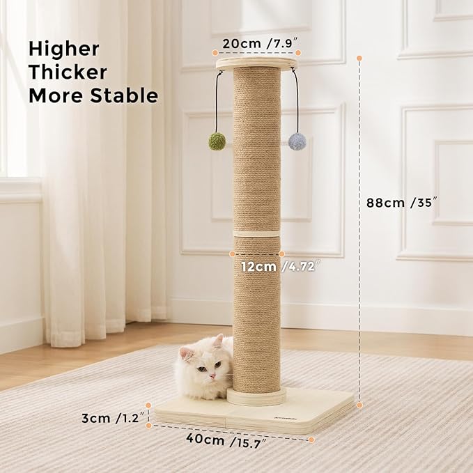 35'' Tall Cat Scratching Post, 4.7'' Large Scratch Post with Thicken Wooden Base for Indoor Cats Adults, Sisal Scratcher Top & Dangling Balls, Super Sturdy