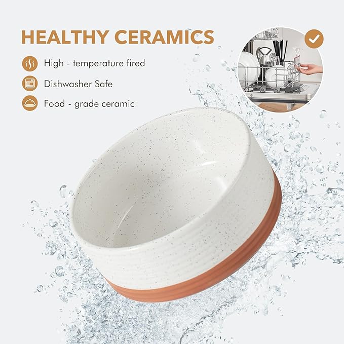 Ceramic 6.1inch Raised Dog and Cat Bowl Set, 2 Heights Elevated Wooden Stand for Small Breed Dogs, Weighted Pet Food and Water Dishes(6.1'',28.7oz, Vanilla White)