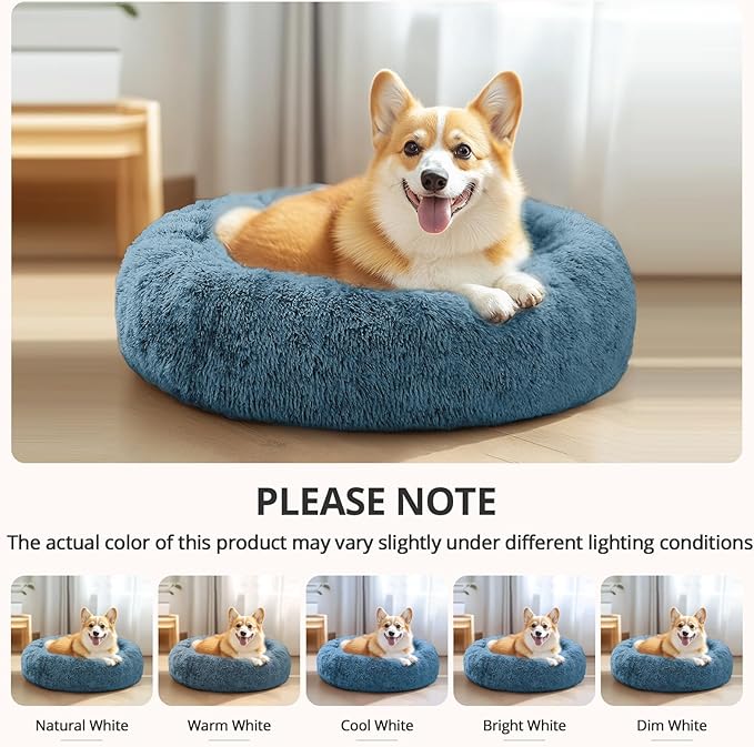 JOLLYVOGUE Small Dog & Cat Beds for Indoor Cats, Donut Cuddler Warming Soft Dog Beds with Anti-Slip Bottom, Round Calming Fluffy Plush Faux Fur Cushion Bed for Medium Dogs (31", Blue)