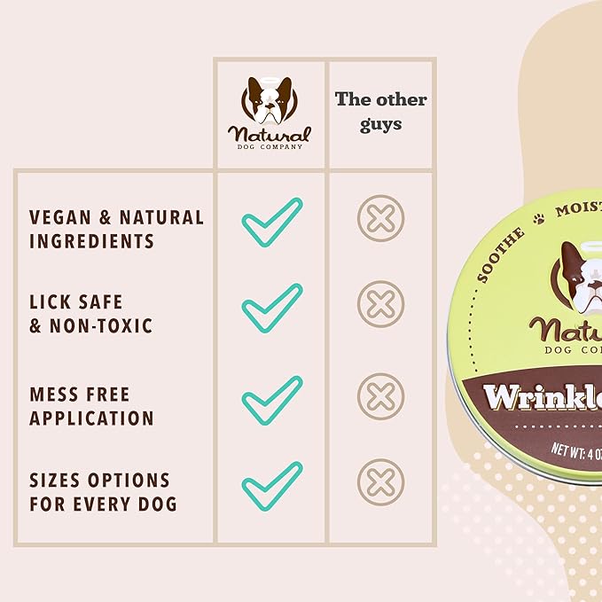 Natural Dog Company Wrinkle Balm for Dog Wrinkles (1oz Tin) All-Natural, Lick-Safe Dog Lotion for Dry Itchy Skin, French Bulldog Skin Care, Moisturizes & Cleans Wrinkle Folds, Plant-Based, Made in USA