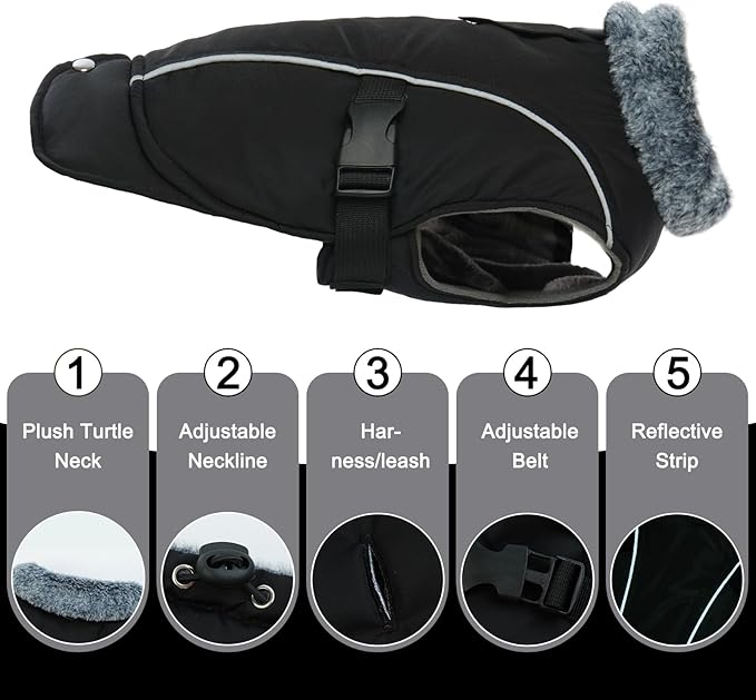 DENTRUN Winter Warm Dog Coat Reflective Jacket with Turtleneck for Cold Weather, Adjustable Buckle Windproof Water Repellent, Thick Snowsuit Fleece Vest for Small, Medium, Large Dogs, Black, M