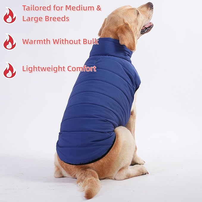 LovinPet Reversible Dog Puffer Coat for Medium & Large Dogs, Down‑Insulated Winter Jacket, Water‑Resistant & Wind‑Resistant, Anti‑Static, Dual-Sided Blue & Black for Cold Weather,L